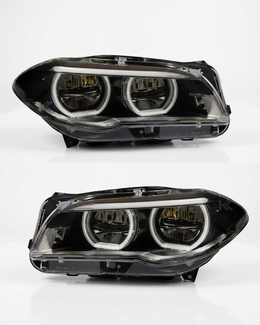 BMW 5 Series F10/F11/F18 factory style LED headlights by K2 Industries, front view showing sleek headlight design.