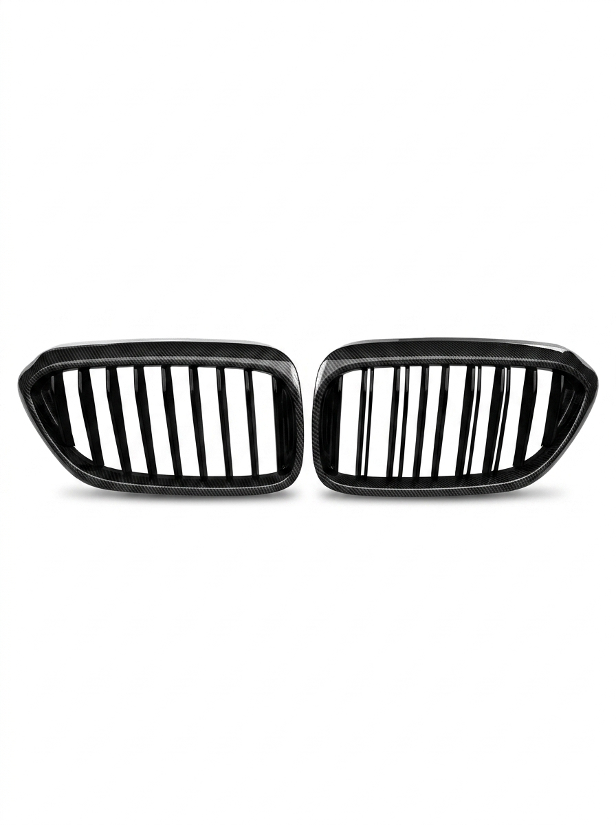 BMW 5 Series G30 carbon fiber front grille by K2 Industries, showcasing sleek, textured carbon fiber design for a modern look.