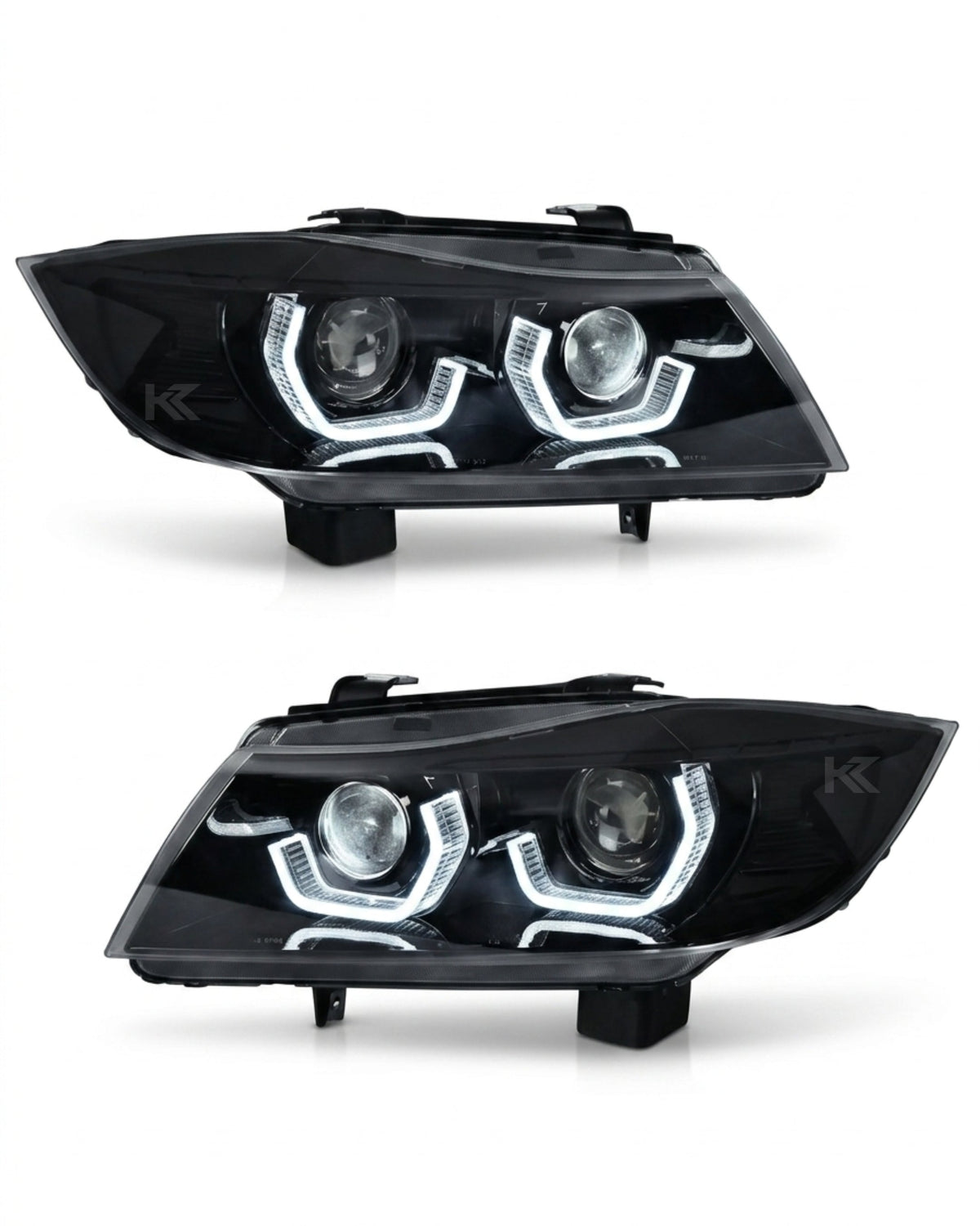 BMW 3-Series E90/E91 K2 Industries TRON headlights, 2005-2012, featuring sleek design and clear lens for enhanced visibility.