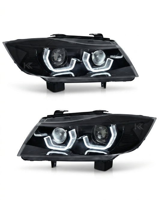 BMW 3-Series E90/E91 K2 Industries TRON headlights, 2005-2012, featuring sleek design and clear lens for enhanced visibility.