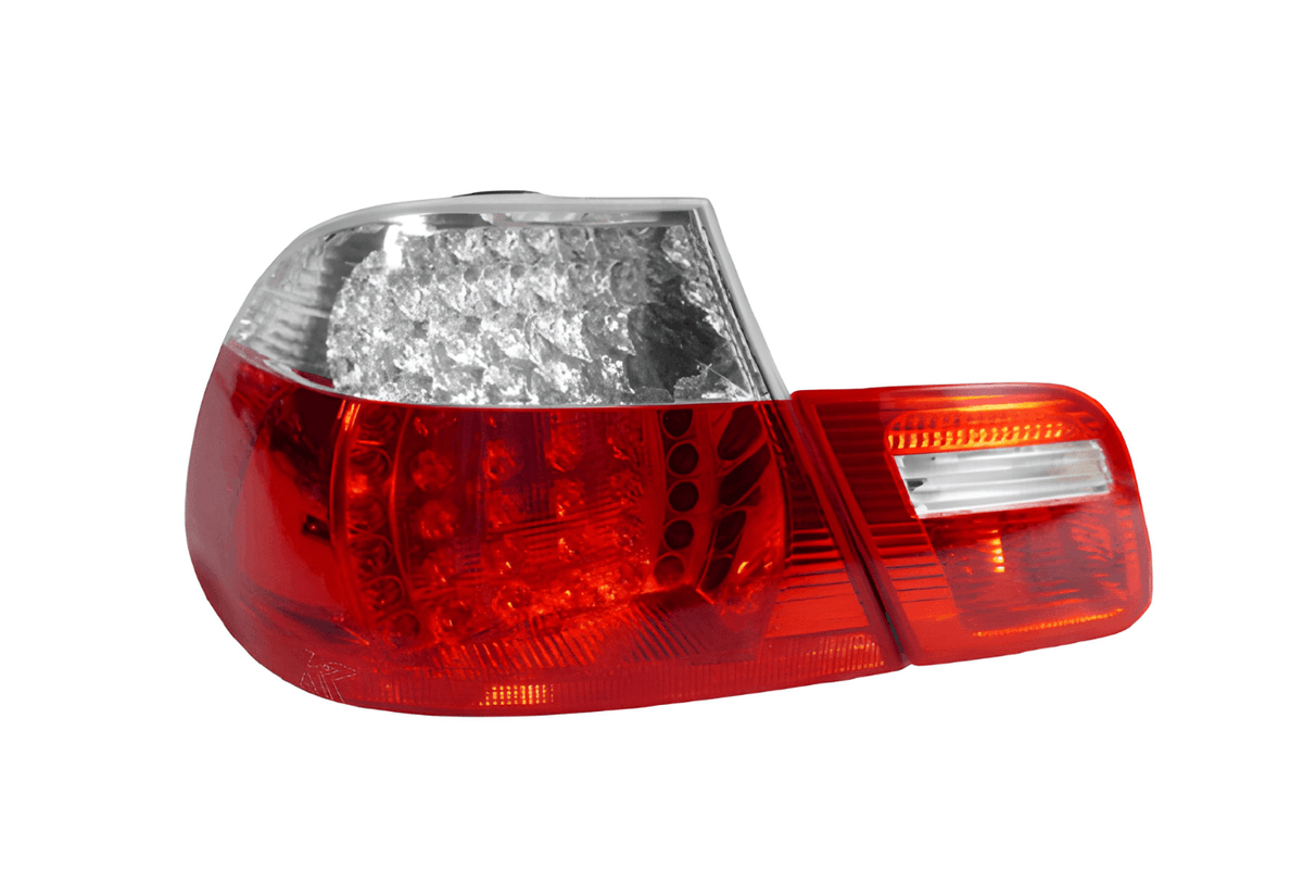 BMW E46 2D Depo LED tail lights by K2 Industries, four-piece set with clear lenses for 2004-2006 models.