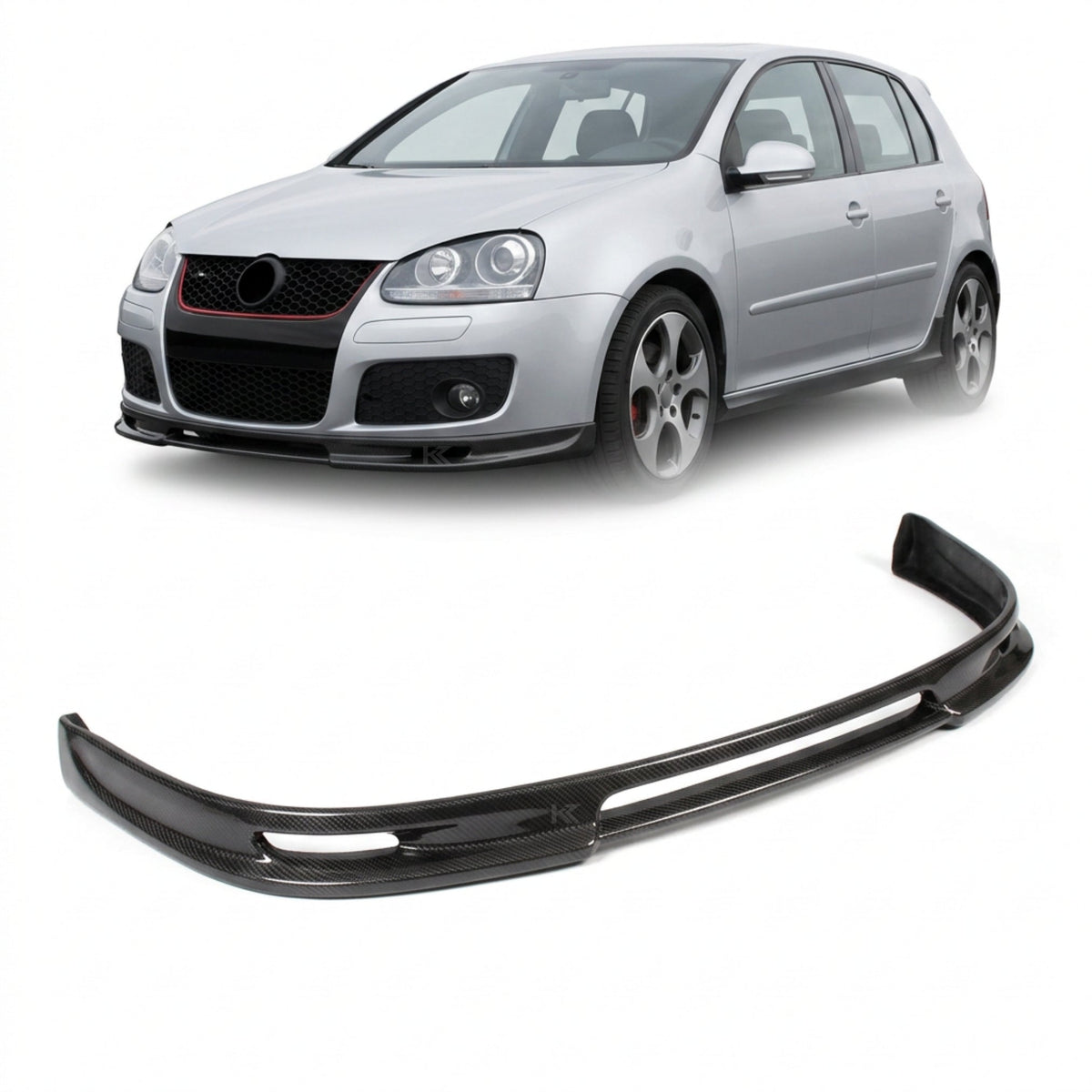 Volkswagen Golf GTI MK5 front bumper splitter in carbon fiber, designed by K2 Industries, showcasing its sleek, aerodynamic style.