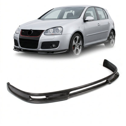 Volkswagen Golf GTI MK5 front bumper splitter in carbon fiber, designed by K2 Industries, showcasing its sleek, aerodynamic style.