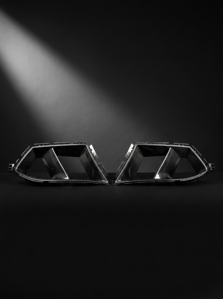 BMW 3/4 Series G80 G81 G82 G83 carbon fiber air ducts by K2 Industries, showing sleek, lightweight aerodynamic design.