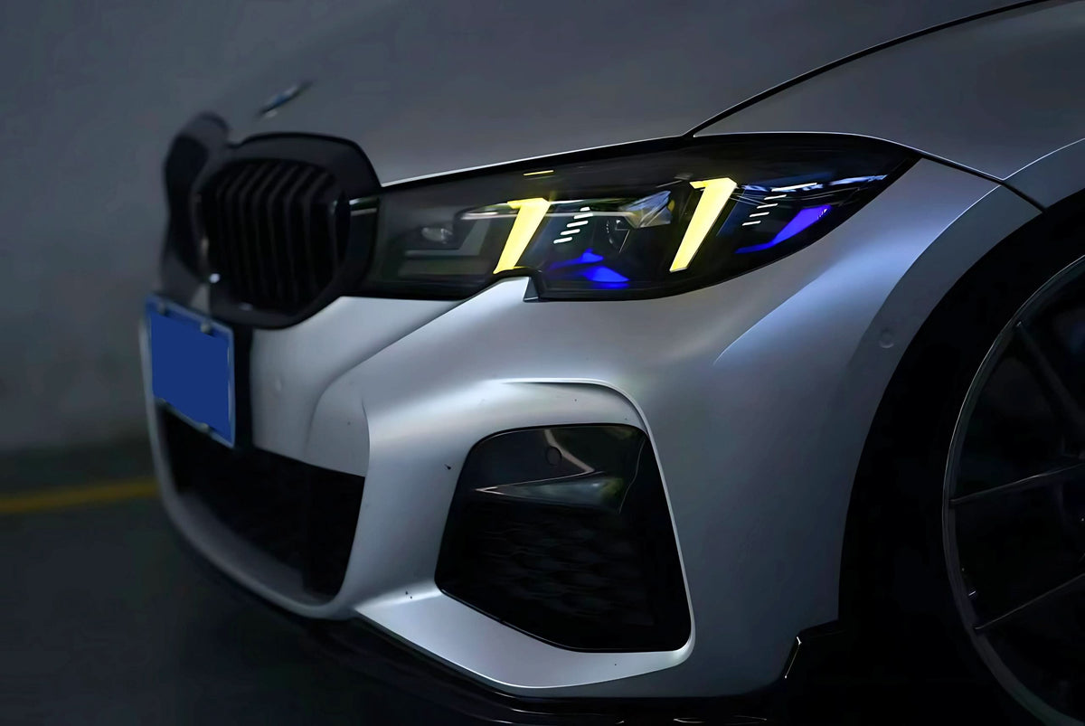 K2 Industries 2019+ BMW 3 Series G20 G28 snake eye style sequential LED headlights, front view with detailed lighting design