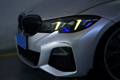 K2 Industries 2019+ BMW 3 Series G20 G28 snake eye style sequential LED headlights, front view with detailed lighting design