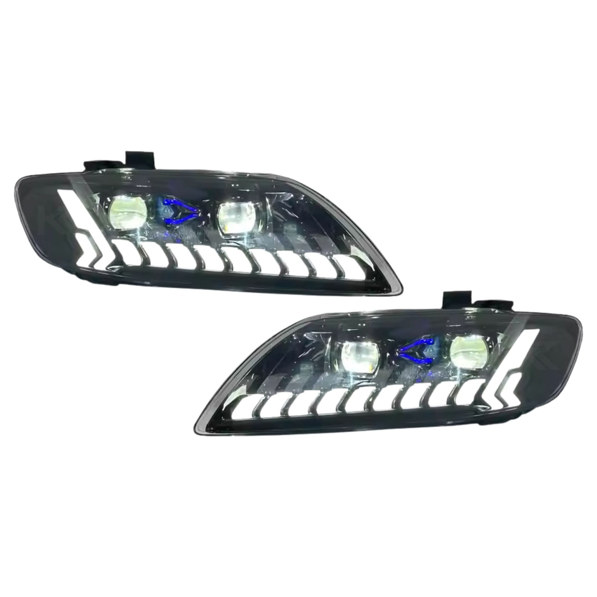 Audi Q7 full LED projector headlights by K2 Industries, showing sleek headlight assembly with LED lenses for 2006–2015 models.