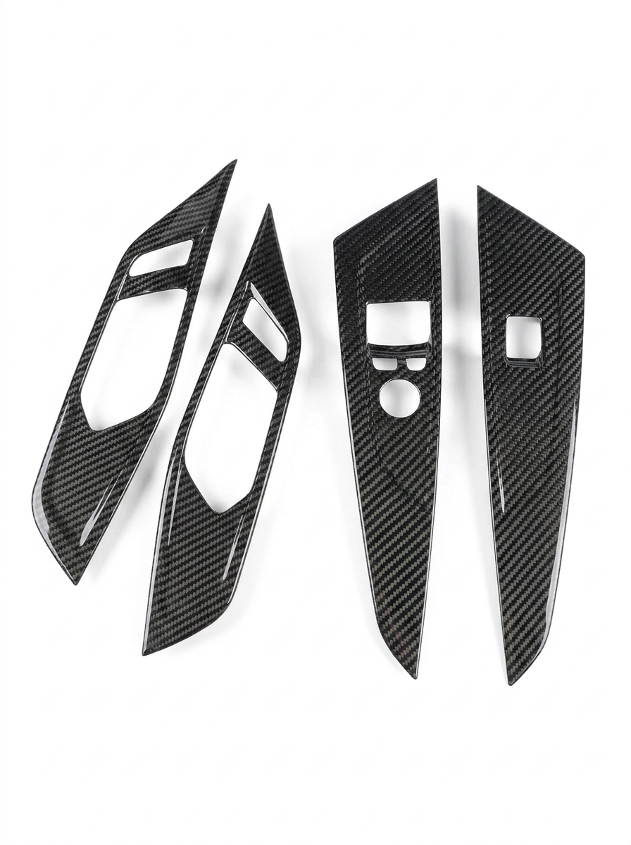 BMW 4 Series G82 G22 carbon fiber interior door trim set by K2 Industries, featuring sleek, textured carbon fiber panels inside the car.