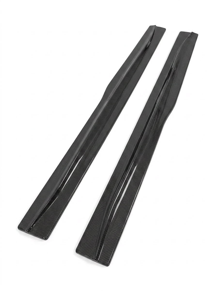 K2 Industries carbon fiber side skirts for BMW 3 Series F80 M3 and 4 Series F82 M4, 2015-2019, showcasing sleek aerodynamic design.