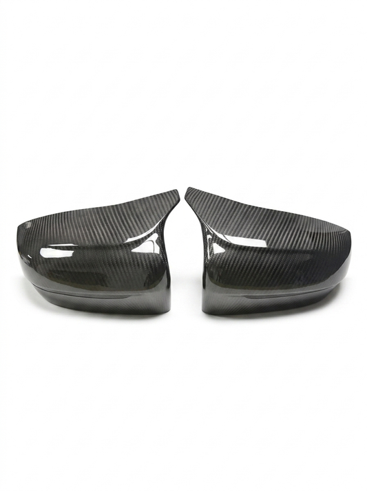 BMW 5 Series F90 M5 carbon fiber side mirror cover by K2 Industries, featuring sleek black finish and aerodynamic design.