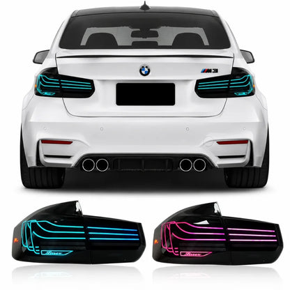 BMW F30/F35 and M3 F80 RGB style LED tail lights assembly by Vekto, featuring sleek red and clear lens design for 2013-2018 models.