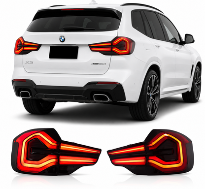 Vekto LED tail lights for BMW X3 G01/G08 & X3 M F97 LCI rear lamp assembly 2018-2021, showing the illuminated rear lights.