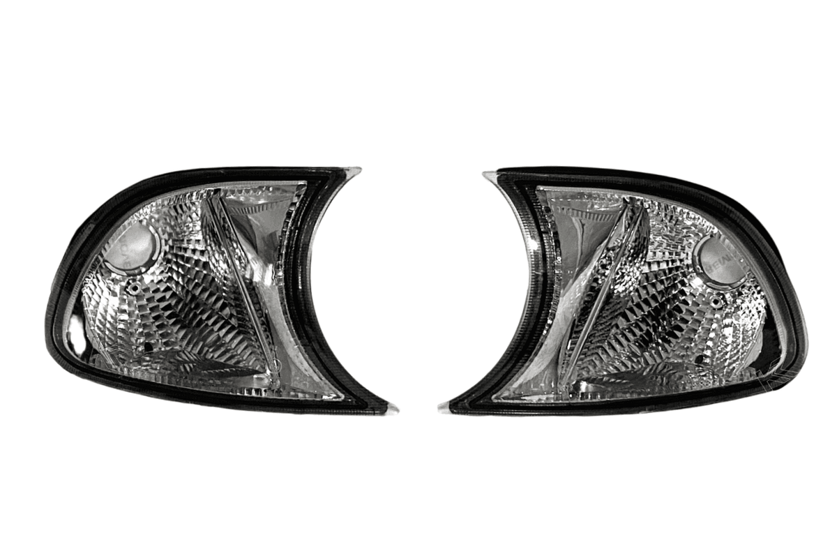 Set of K2 Industries crystal clear corner lights for BMW E46 3 Series and M3, screw-on JDM style, for 2002-2006 models.
