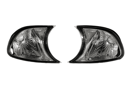 Set of K2 Industries crystal clear corner lights for BMW E46 3 Series and M3, screw-on JDM style, for 2002-2006 models.