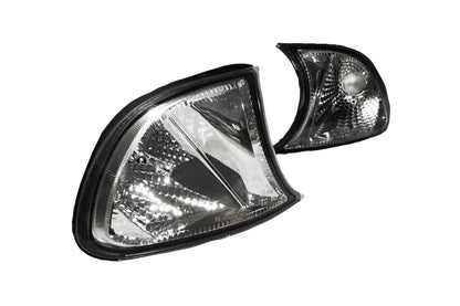 Crystal clear corner lights for BMW E46 3 Series and M3, screw-on JDM style, by K2 Industries, compatible with 2002-2006 models.