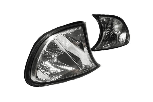 Crystal clear corner lights for BMW E46 3 Series and M3, screw-on JDM style, by K2 Industries, compatible with 2002-2006 models.