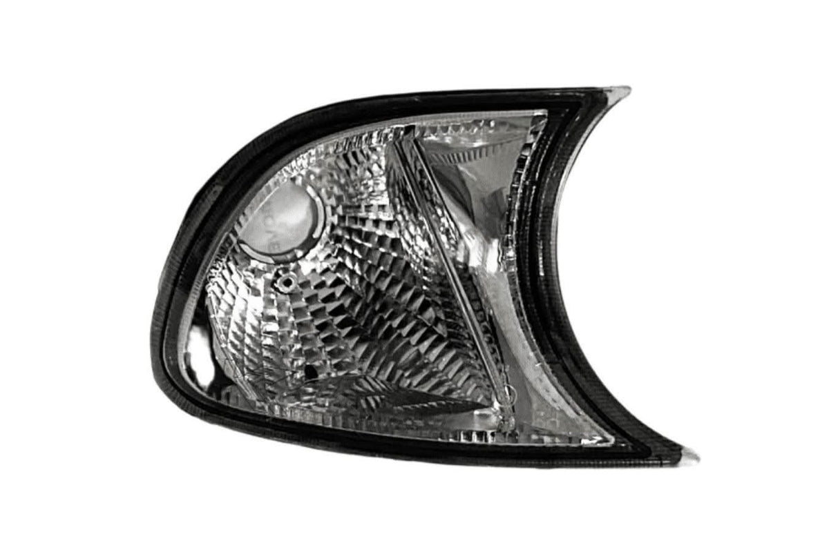 BMW E46 3 Series and M3 screw-on JDM crystal clear corner lights by K2 Industries, for 2002-2006 models, shown installed on vehicle.