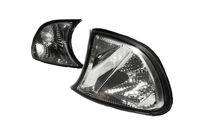 BMW E46 3 Series and M3 crystal clear corner lights by K2 Industries, screw-on JDM style for improved visibility.