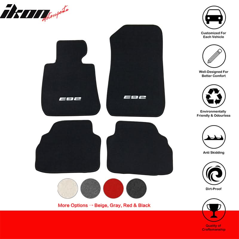 Black carpet car floor mats for BMW E92 3 Series (2007-2013), 4-piece set by K2 Industries, nylon material with custom fit.