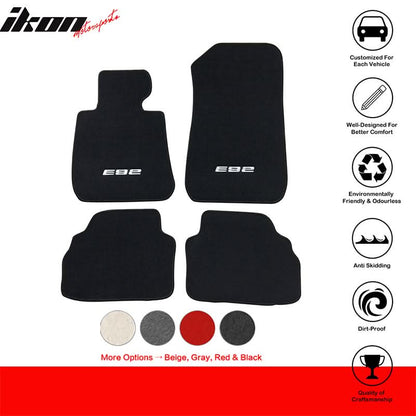 Black carpet car floor mats for BMW E92 3 Series (2007-2013), 4-piece set by K2 Industries, nylon material with custom fit.