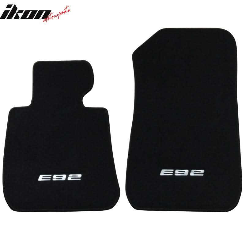 Black carpet car floor mats for BMW E92 3 Series (2007-2013), four-piece set by K2 Industries, nylon material.