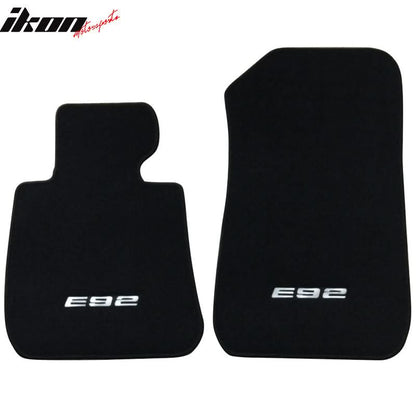 Black carpet car floor mats for BMW E92 3 Series (2007-2013), four-piece set by K2 Industries, nylon material.