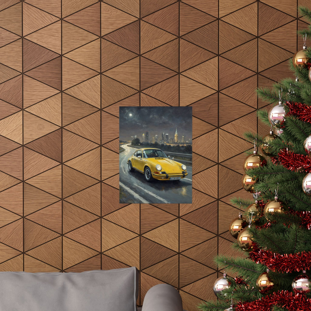 1973 Porsche 911 Wall Art Signal Yellow Night Highway City Skyline Full Moon Poster Classic German Sports Car Oil Painting Fine Art Print for Home Office Decor