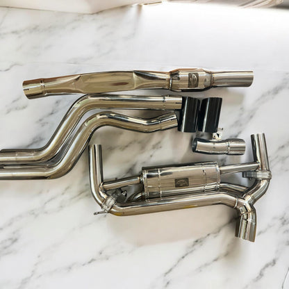 BMW F30 340i B58 full valve performance exhaust system by Palenon Performance, featuring polished metal pipes and exhaust tips.