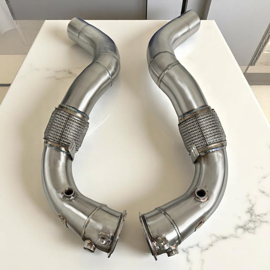 BMW N63 R & B catless race downpipes for M550i, 750i, M850i, X5, X6, X7; Palenon Performance aftermarket exhaust upgrade