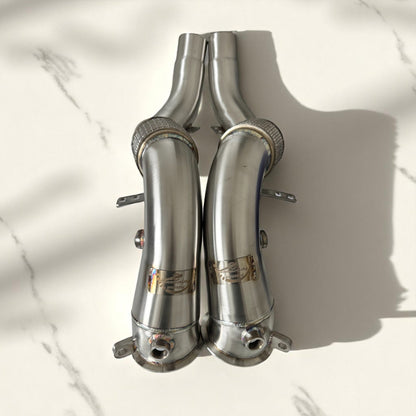 BMW N63 R & B catless race downpipes for M550i, 750i, 850i, X5, X6, X7 models by Palenon Performance.