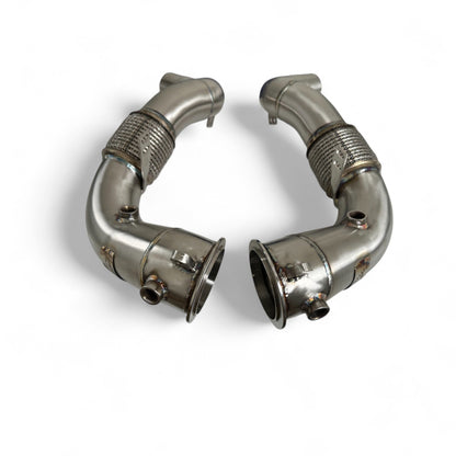 BMW N63R & N63B catless race downpipes for M550i, 750i, M850i, X5, X6, X7 by Palenon Performance, showcasing sleek exhaust components.