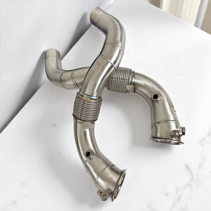 BMW N63R & N63B catless race downpipes for M550i, 750i, M850i, X5, X6, X7 by Palenon Performance, showing sleek metal design.