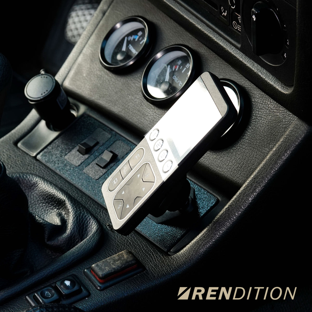 Interior view of a BMW E30 showing K2 Industries front USB charging modules installed in the dashboard area.