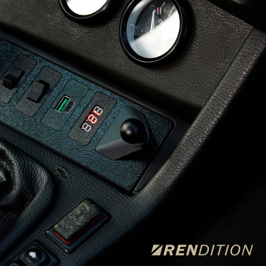 BMW E30 interior front USB charging modules by K2 Industries, mounted inside the vehicle with visible connection ports.