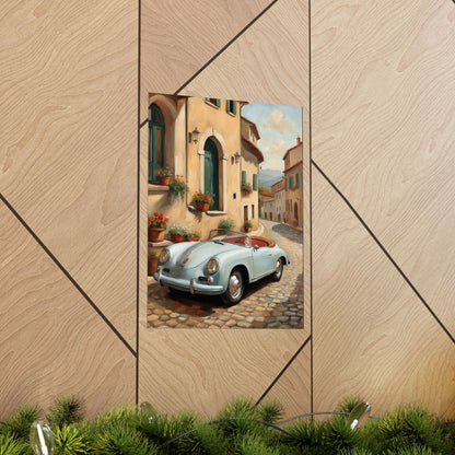 Vintage 1956 Porsche 356 Speedster Poster | Italian Village Street Wall Art | Impressionist European Classic Sports Car Fine Art Paper Print