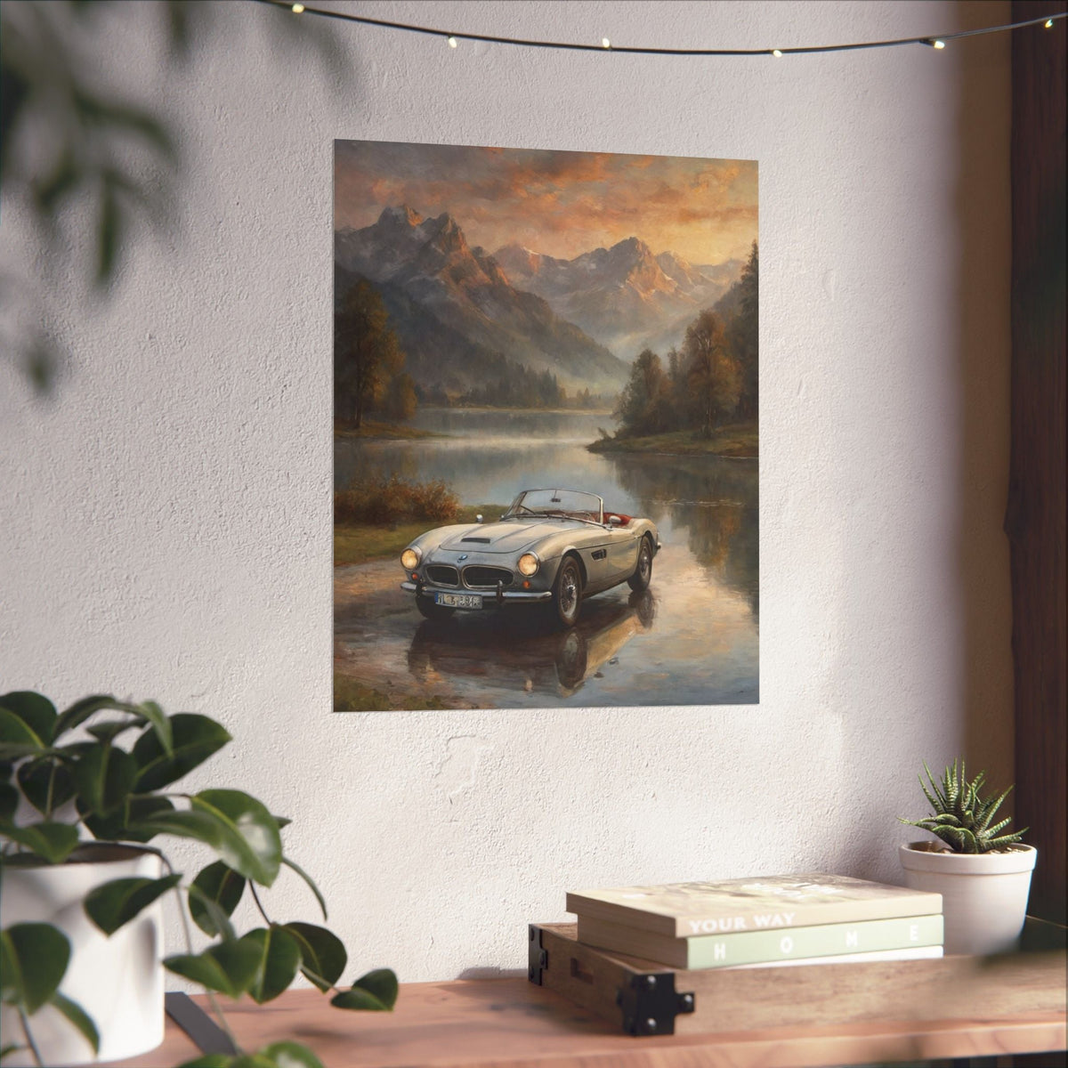 Vintage 1957 BMW 507 Roadster Poster | Alpine Lake Sunset Reflection Wall Art | Impressionist European Classic Sports Car Fine Art Paper Print