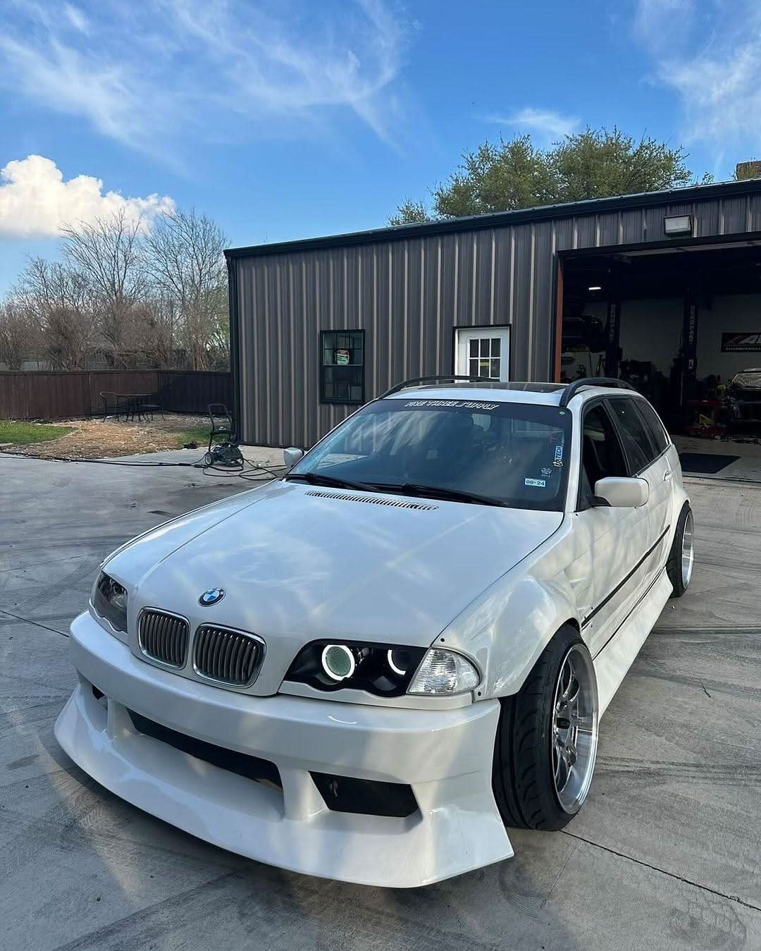 BMW E46 Touring Series 3 wide body kit by K2 Industries, showing front and side views of the custom body enhancements.