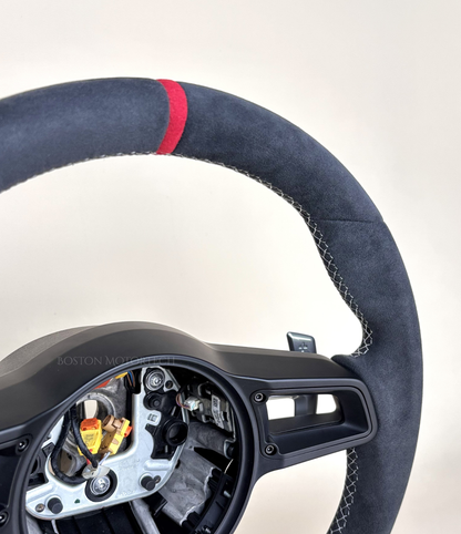 Red PDK Porsche 991.2 steering wheel by Boston Motortech, featuring ergonomic design and premium leather detailing.