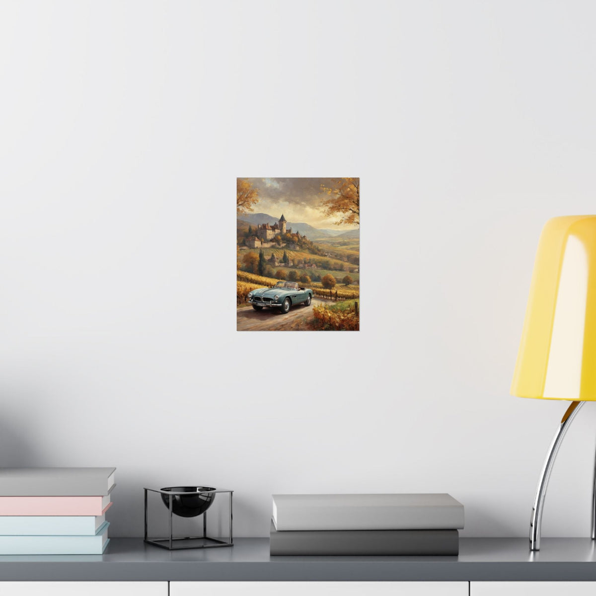 Vintage 1957 BMW 507 Roadster Poster | Autumn Vineyard Castle Valley Wall Art | Impressionist European Classic Sports Car Fine Art Paper Print