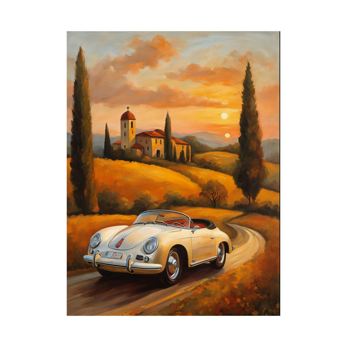 Vintage 1956 Porsche 356 Speedster Poster | Tuscan Countryside Sunset Wall Art | Impressionist European Classic Sports Car Fine Art Paper Print