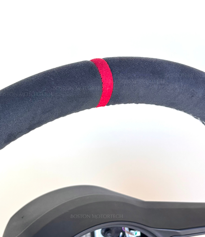 Red PDK Porsche 991.2 steering wheel by Boston Motortech, close-up view showing premium leather and ergonomic design.