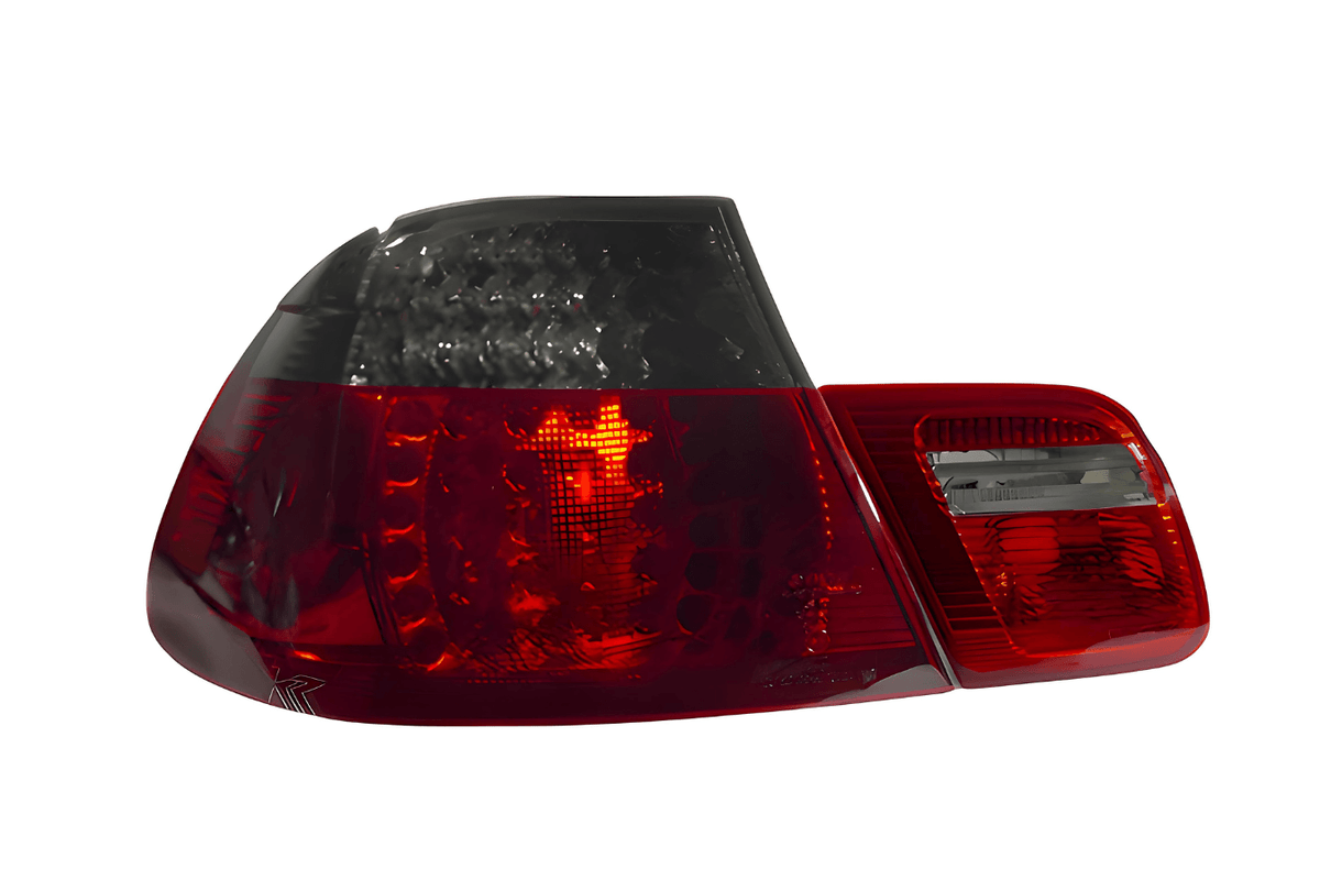 Pair of K2 Industries BMW E46 2D Depo LED tail lights for 2004-2006 models, showing red and clear lens designs.
