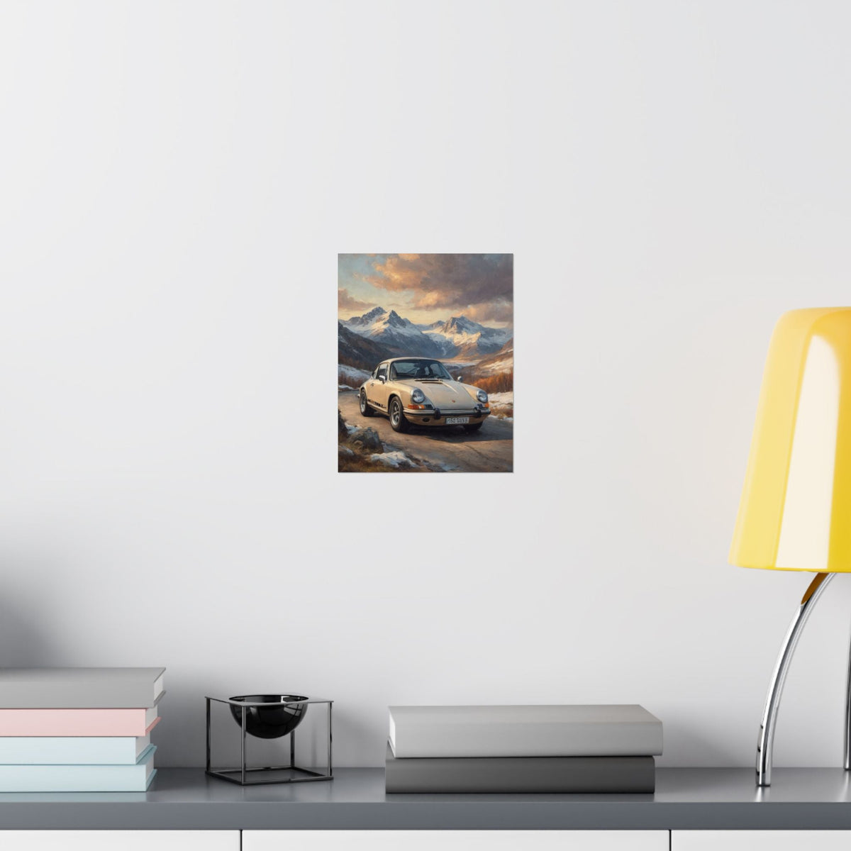1973 Porsche 911 Wall Art Beige Sahara Grey Snow Capped Alps Alpine Pass Sunset Poster Classic German Sports Car Oil Painting Fine Art Print for Home Office Decor