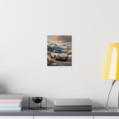 1973 Porsche 911 Wall Art Beige Sahara Grey Snow Capped Alps Alpine Pass Sunset Poster Classic German Sports Car Oil Painting Fine Art Print for Home Office Decor