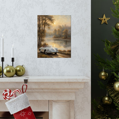 Vintage 1956 Porsche 356 Speedster Poster | Misty Lakeside Sunrise Wall Art | Impressionist European Classic Sports Car Fine Art Paper Print