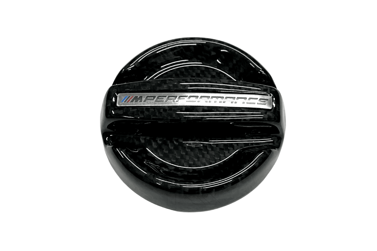BMW MPerformance Carbon Fiber Engine Oil Cover by K2 Industries, showcasing the sleek, lightweight carbon fiber engine oil cap.