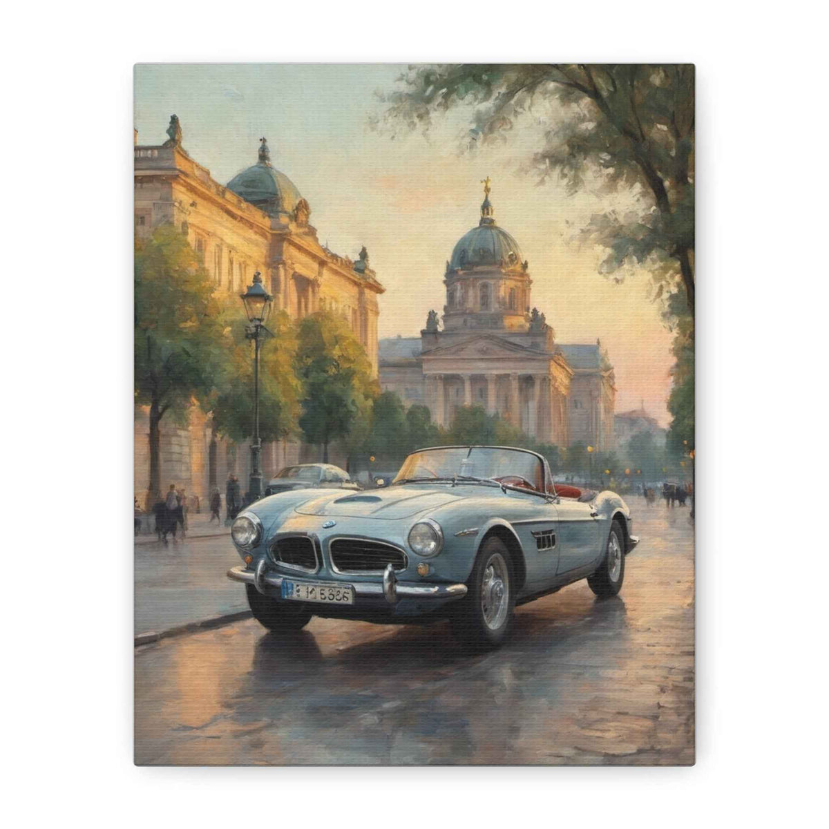 Vintage 1957 BMW 507 Roadster Canvas Wall Art | European City Boulevard Sunset Canvas Print | Impressionist Classic European Sports Car Art for Living Room & Office