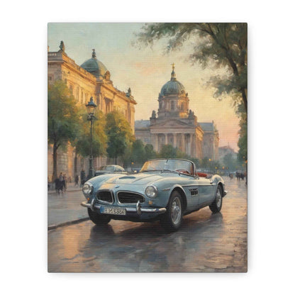 Vintage 1957 BMW 507 Roadster Canvas Wall Art | European City Boulevard Sunset Canvas Print | Impressionist Classic European Sports Car Art for Living Room & Office
