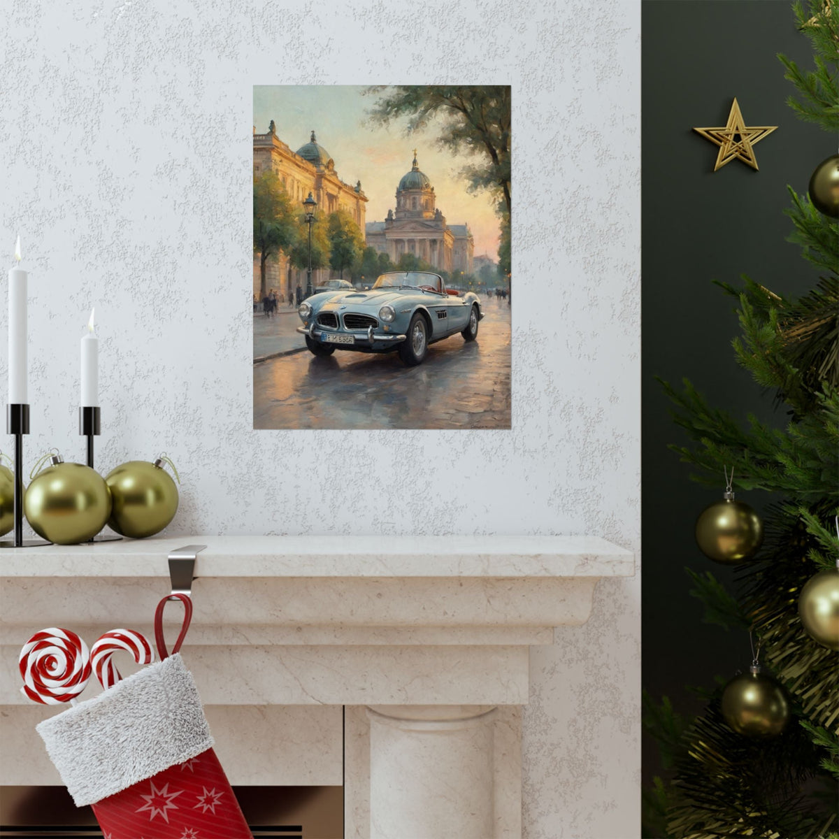 Vintage 1957 BMW 507 Roadster Poster | European City Boulevard Sunset Wall Art | Impressionist European Classic Sports Car Fine Art Paper Print