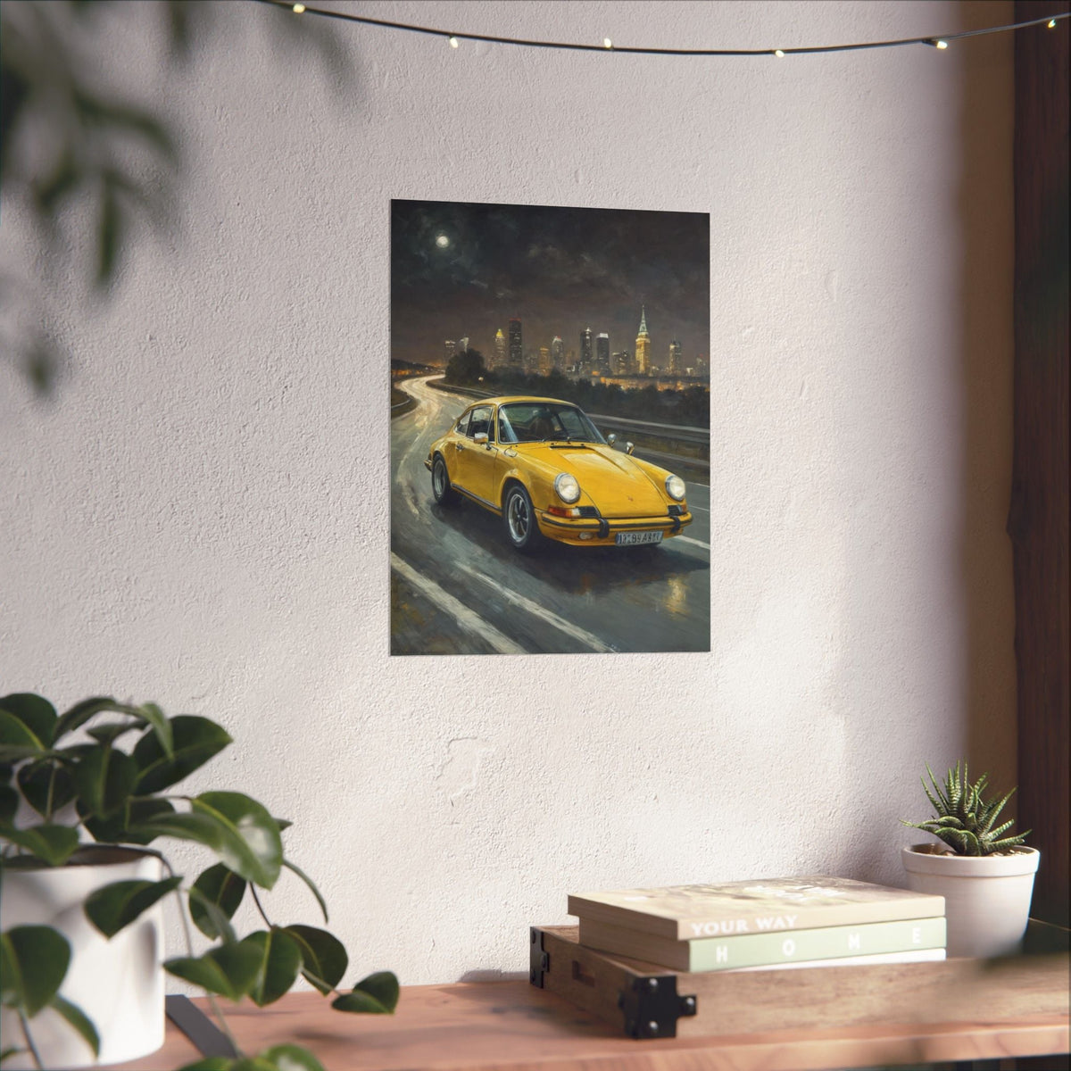 1973 Porsche 911 Wall Art Signal Yellow Night Highway City Skyline Full Moon Poster Classic German Sports Car Oil Painting Fine Art Print for Home Office Decor